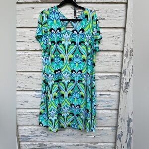 Kaari Blue Curvy Op Art To Wear phsychodelic Trapeze Swing Plus Swing Midi Dress